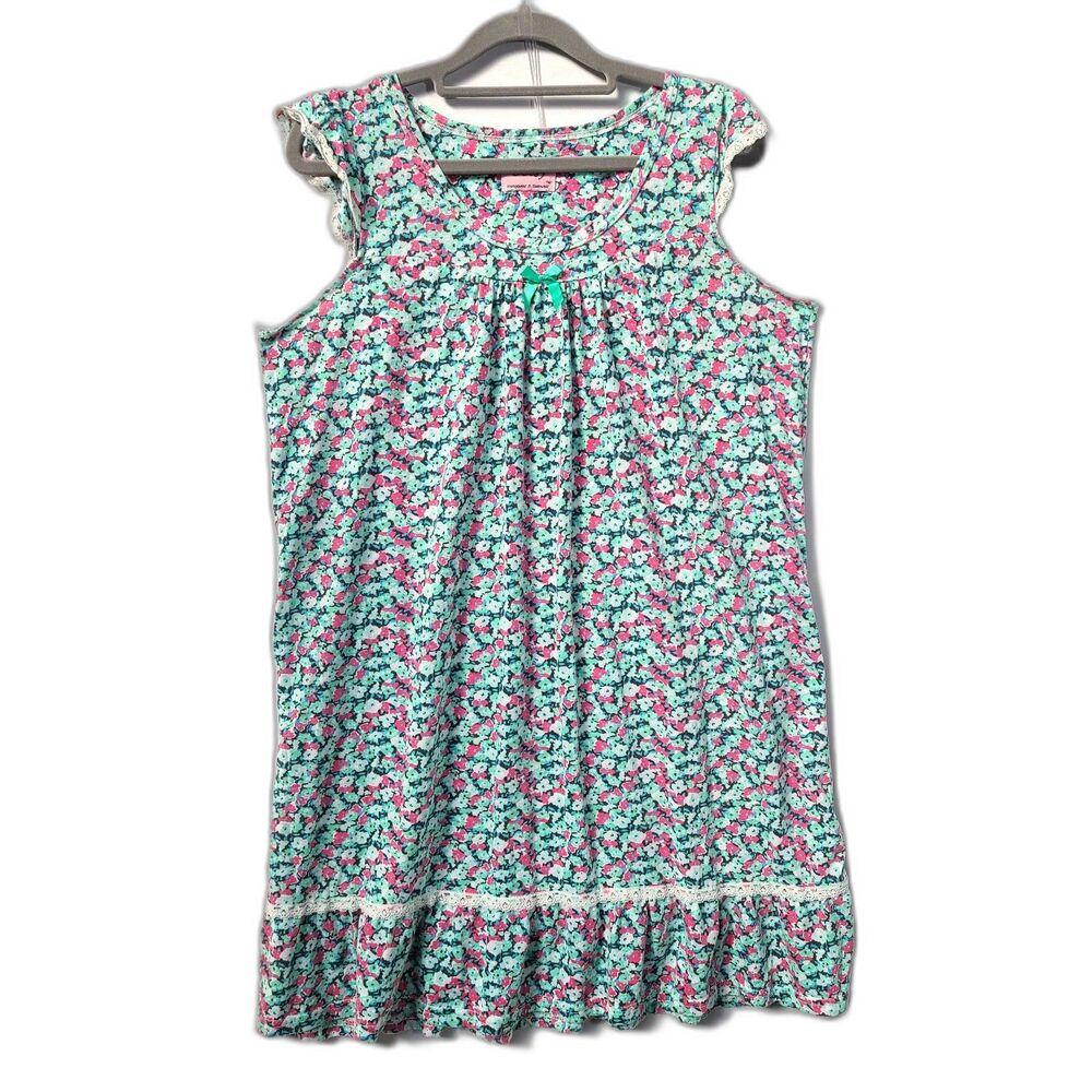 Floral Ditsy Print Pink Green Lounge Home Sleep Yoke Dress Lace Trim Bow Ribbon